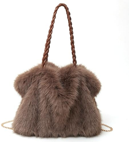 Joygoodta Borsa pelosa Borsa Invernale soffice per Donna Tote Fuzzy Borse a Tracolla a Tracolla in Pelliccia Sintetica, Marrone Inverno