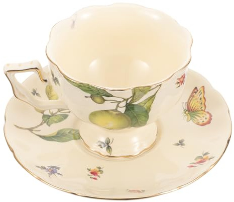 OSALADI Ensemble Tasse à Cappuccino et Soucoupe en Céramique Vintage Motif Citron Tasse à Café avec Anse Large Ouverture pour Thé Gobelet à Eau en Céramique pour Usage Quotidien Style