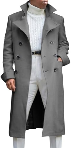 Herr Notch Lapel trenchcoat smal passform dubbelbröst lång ärtrock vinter varm ytterrock för män, Grått, M