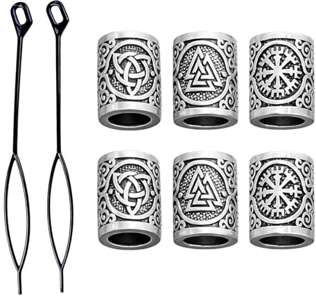 Hår- och skäggpärlor, set med 6 dekorativa pärlor i zinklegering med 2 trädningsverktyg, för flätor, dreadlocks och skägg, 3 blandade metallmönster