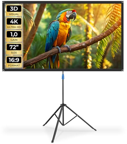 tectake® Pantalla Proyector Portatil 72 Pulgadas 16:9 Compatible con 4K, Ultra HD, Full HD, con Trípode Regulable, Pantalla Proyector Enrollable con Tela sin Arrugas - 77 x 167 x 204 cm