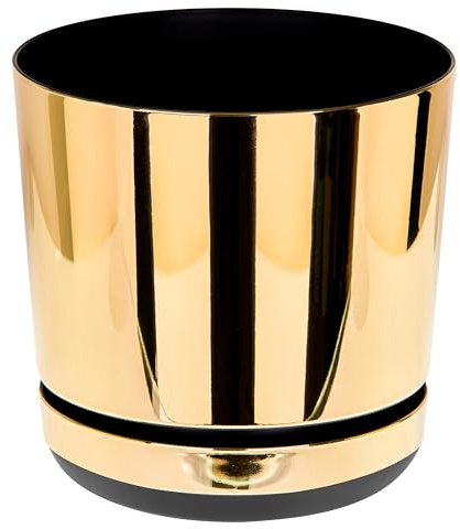 KORAD Gold Mirror Indoor Plant Pots with Drainage Holes and Matching Saucer–Modern Decorative Plastic Flower Pots for Houseplants, Succulents, Herbs–6 Sizes, 25 Stylish Colours- (16 cm(6.3 inches))
