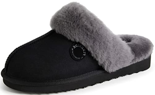 Dearfoams Women's Fireside Water Resistant Sydney Shearling Scuff Slipper, Black/Grey Fur, 8 M US
