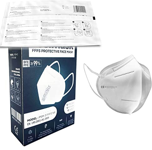 Ezy-Aid 10pk FFP3 Face Mask - Individually Wrapped | 99.43% High Filtration - 5 Layers | EN149 CE Certified | Hypoallergenic | Fluid Resistant | Ear Loops & Adaptable Nose Bridge | Box of 10