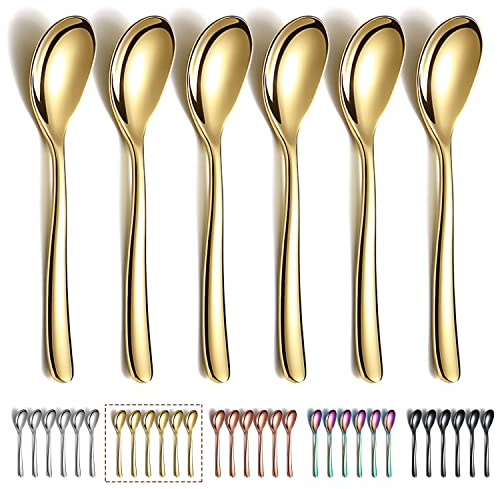 Kyraton - Juego de 6 cucharas doradas de acero inoxidable chapado en titanio de 14 cm, cucharas de café espresso, postre, juego pequeño para fiestas, apto para lavavajillas