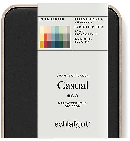 Schlafgut Casual Spannbettlaken 180x200cm bis 200x200cm - 100% Biobaumwolle, Oeko-TEX Zertifiziert, Off-Black, Matratzenhöhe bis 25cm