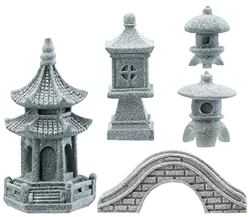 SUPERFIDINGS 5 Styles Pagoda Lantern Garden Statue Japanese Pagoda Lamp Lantern Stone Footbridge Figurines for Landscape Balcony Garden Patio Porch Yard Art Ornament