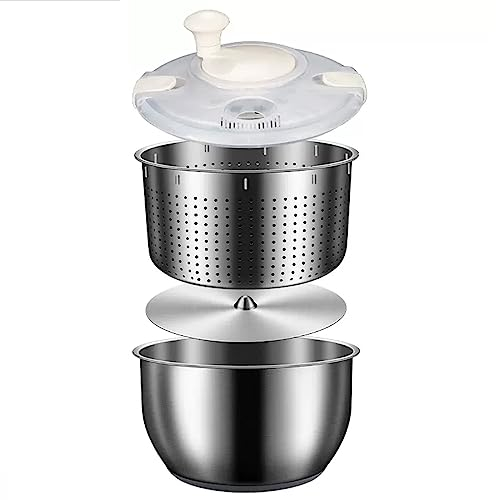 Stainless Steel Salad Spinner, Large Vegetable Washer with 6L Bowl, PP Lid, Stainless Steel Drain Basket, Lettuce Cleaner and Dryer, for Fruit Washer, Pasta and Fries Spinner