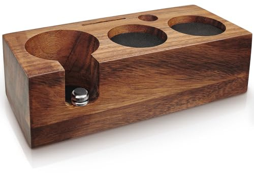 HOLIHOKY Estación de tamping de 58 mm, de madera, para portafiltros de 58 mm, para cafeteras de nogal Barista, accesorios con cojín de silicona, altura ajustable