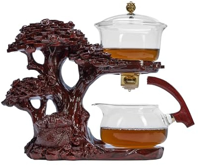 Zurucily Tekanna i glas set tebryggare med infusionsenhet halvautomatisk Kungfu tesats med 6 små koppar (rött träd)