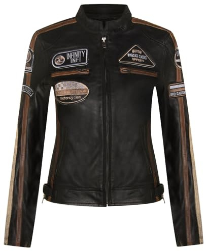 Infinity Leather Dam Läder Biker Casual Racing Moto Märken Jacka, svart, S