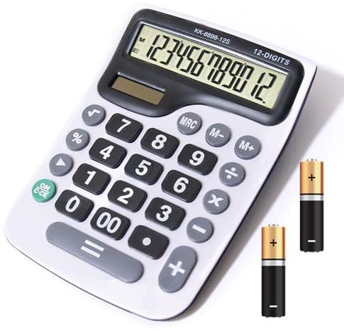 YEBMoo Skrivbordsräknare med 12 siffror med stor LCD-skärm och känslig knapp, dubbel solkraft och batteri, standardfunktion för kontor (YE8898)