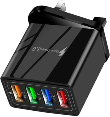 USB Plug Charger UK, QC 3.0 3.1A Fast Charging, 4-Port USB Wall Charger Plug, Power Adapter with Smart Device-Adaptive, Quick Charging Technology for All Smartphone(Black