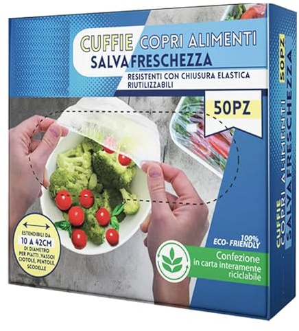 Sacchetti per Alimenti (200) sacchetti elastici trasparenti (Taglia maxi 42cm) per la conservazione degli alimenti, Eastico. Cuffie Copri Alimenti Salvafreschezza, Sacchetti riutilizzabili