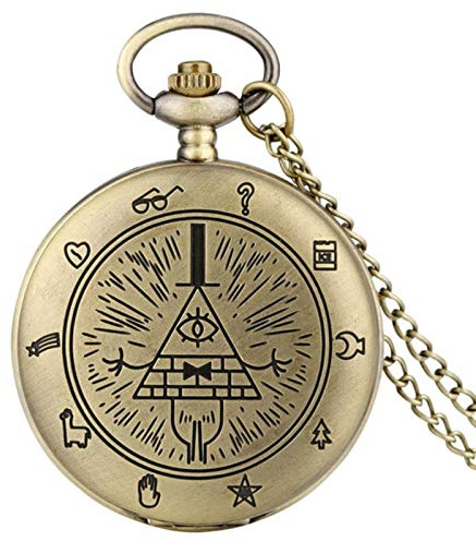 HUIBBGO Reloj de Bolsillo de Cuarzo con Forma de triángulo y Diablo de la Ciudad extraña de Eye of Providence, Colgante con Gema de Bill Cipher Fall Time