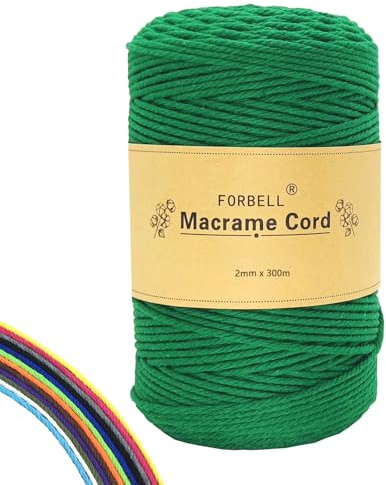 FORBELL makramégarn, 2 mm x 300 m premium bomullsgarn, gör-det-själv-hantverk (smaragdgrön, 2 mm x 300 m)