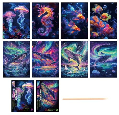 WOUYTPE 8 Pièces Kit de Peinture à Gratter, Carte a Gratter Enfant, Scratch Paper Rainbow Painting, Convient Aux Cadeaux de Bricolage pour les Enfants et les Adultes, Noël (Sea World + Baleine)