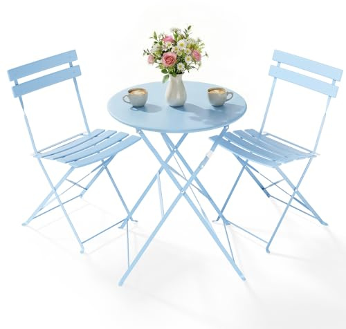 Clevich Bistro Set Balkon Metall, Balkonmöbel Set 3 teilig, Bistrotisch mit 2 Stühlen, Gartenmöbel-Set Outdoor Sitzgruppe, Faltbar und Wetterfest, für Gärten, Terrassen, Blau