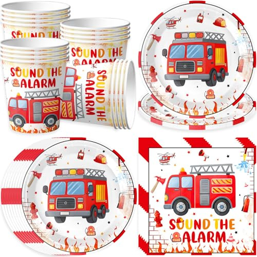 pekifaves Juego de vajilla de fiesta de bomberos para 16 invitados, camiones de bomberos cumpleaños fiestas servilletas tazas platos de papel de bombero, juego de cumpleaños para niños