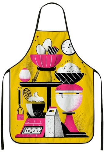 Delantal de cocina, diseño retro amarillo de herramientas de horneado, delantal para cocinar, delantal de trabajo de chef culinario de primavera para adultos, Amarillo, 24x31 Inch