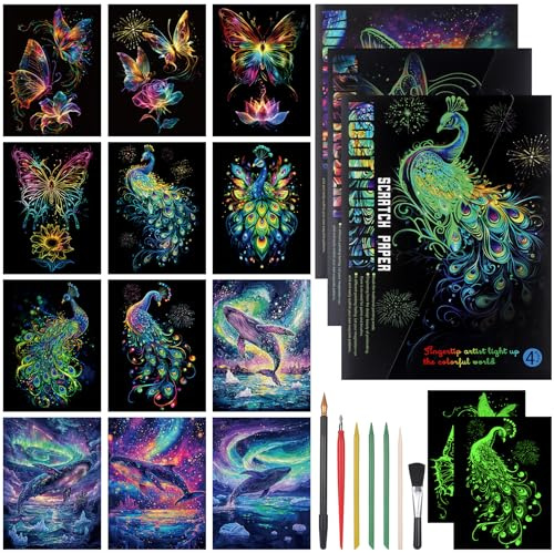 JIANTA Scratch Paper Rainbow, 12pcs Feuilles Cartes à Gratter A4, Paper Sketch Adultes, Rainbow Scratch Art A4 Papier, Cadeau créatif de Peinture Scratch (Glow-in-The-Dark Papillon + Paon + Baleine)