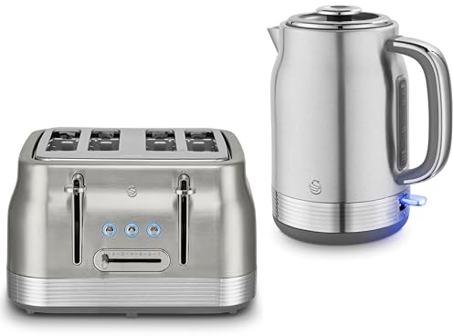 Swan Retro Revive Stainless Steel 1.7L 3KW Jug Kettle & 4 Slice Toaster. Matching Retro Design Kettle & Toaster Set in Stainless Steel Silver with Chrome Accents
