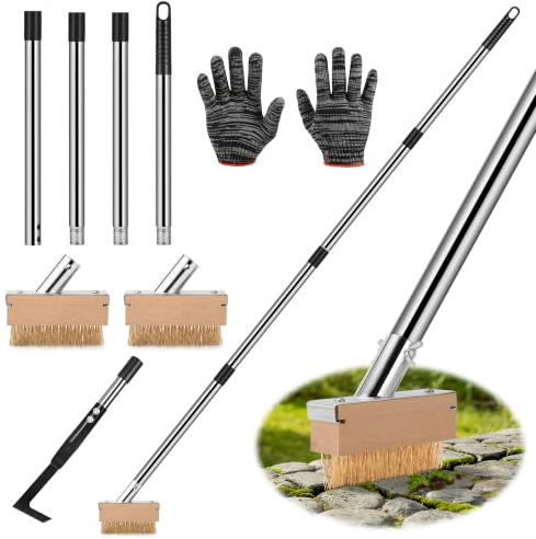 GREELIX Outils Desherbage Mauvaise avec Long Manche, Mauvaise Herbe Outil | Grattoir Jardin et 2X Brosse Désherbage pour Terrasse et Pavés, Ideal pour Jardin, Terrasse, Allée, Outils Élimine la Mousse