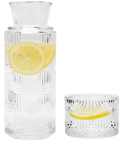 Sängbord vattenkaraff set med kopp, 640 ml karaff av glas, glaskaraff med lock, munvattenflaska, glaskaraff för sovrum, badrum och vardagsrum (transparent)