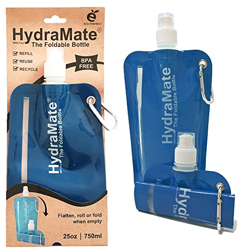 HydraMate Collapsible Water Bottle - 750ml, BPA Free. Lightweight, Foldable, Roll Up, Squeezable Pouch, Carabiner Clip - Perfect for Travel, Festivals, Hiking, Camping. Blue