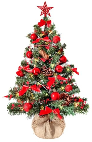 Weihnachtsbaum künstlich (WBD) 90 cm grün mit Weihnachtsdeko rot und Led Lichterkette mit Batteriebox und Fernbedienung künstlicher Christbaum klein Tannenbaum