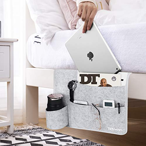 Betoores Bett Organizer, nachttisch organizer, Filz Bettablage Organizer mit Flaschenhalter für Buch, Zeitschriften, iPad, Handy, Fernbedienung - Hellgrau