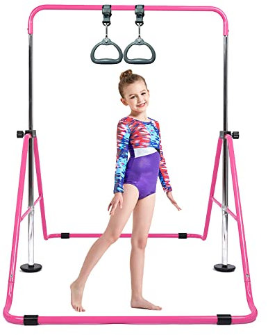 Barra de gimnasia para niños con anillo volador, plegable, altura ajustable, juego de regalo horizontal, equipo de barra de entrenamiento de gimnasio expandible para niños y niñas, color rosa, azul,