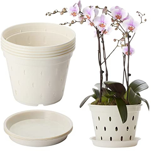 BestAlice 5-pack orkidékruka, 14 cm orkidékrukor med hål och fat, klara orkidékrukor i plast för växt och plantering, trädgårdsplanterare krukor för hemmakontor, Vitt, 5 pcs set
