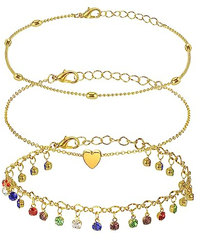 Pwsap 3 Pieces Cavigliera per Donna, Cavigliera Regolabile Bracciale Alla Caviglia Moda Boho Catena a Piedi Ipoallergenica Catena Piede Gioielli Compleanno San Valentino Regalo, Cristalli Colorati