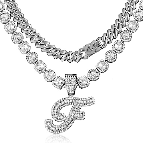 Lucopsny Chaîne à maillons cubains pour femme – Collier avec initiale en argent, chaîne cursive de 14 mm pour bijoux hip-hop