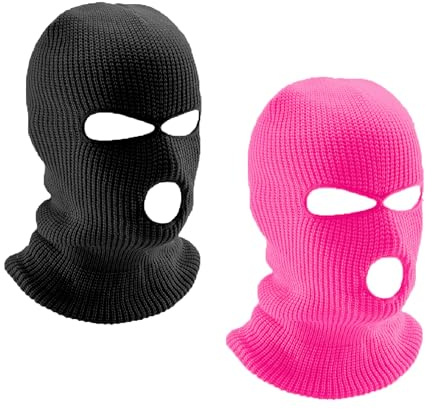 LINSOCLE 2 Piezas Pasamontañas de 3 Agujeros, Balaclava Negro y Rosa Roja, Punto de Invierno Cubierta Facial cálida,Máscara Multifunción, Gorro de Esquí para Ciclismo Deportes al Aire Libre
