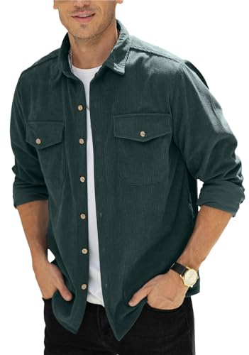 Chemise boutonnée en velours côtelé pour homme avec poche poitrine M-3XL, vert foncé, 3XL