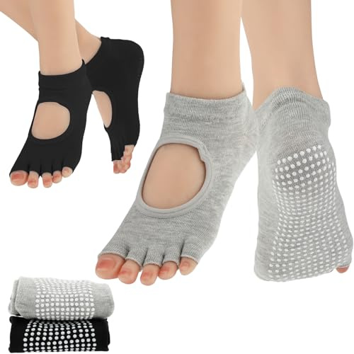 Grevosea Damen Fitness Socken Yoga, Pilates, Ballet, Barre - 2 Paar Rutschfeste Zehensocken Schwarz+Grau, One Size