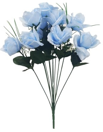 12 Heads Stems Artificial silk Flowers openRose Bunch Wedding Home Grave Outdoor 47cm Height Avilable in 7 colours (Light Blue)