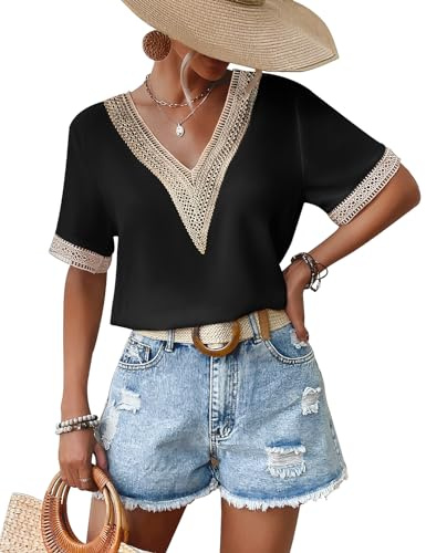 CMTOP Camicia Donna Camicetta Manica Corta con Bordi in Pizzo Maglietta con Scollo a V Elegante Blusa Donna Estiva Casual Top Estivi Colore Puro Bluse Shirt(Nero, XXL)