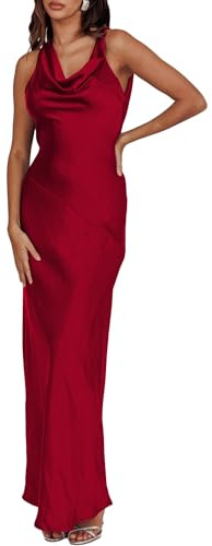 Satin Cowl Neck Sleeveless Backless Maxi Wedding Guest Dress Silk Open Back Tie Back Prom Formal Dresses for Women 2025, Burgundy, M