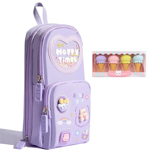 JANSBEN Federmäppchen mit 4 Radiergummi Mädchen Pencil Case Große Kapazität Jungen Federtaschen mit 3 Fach Mäppchen, Federtasche für Schule Arbeit AufbewahrungTasche Geschenk