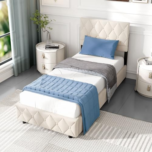 okwish Polsterbett 90x200 cm, Bett mit Stauraum, Jugendbett Hydraulisch Stauraumbett mit Bettkasten, Gepolstertes Bettgestell mit Lattenrost, Modernen Knopfnahtverzierung, Samt, Beige (Ohne Matratze)