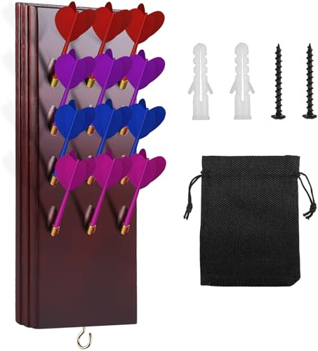 Darthållare av trä för 12 darts, hängande dartstativ, massivt trä dart hållare med metallkrokar och tillbehör förvaringsväska, för stållarts och mjuka darts tillbehör för alla typer av darttavla
