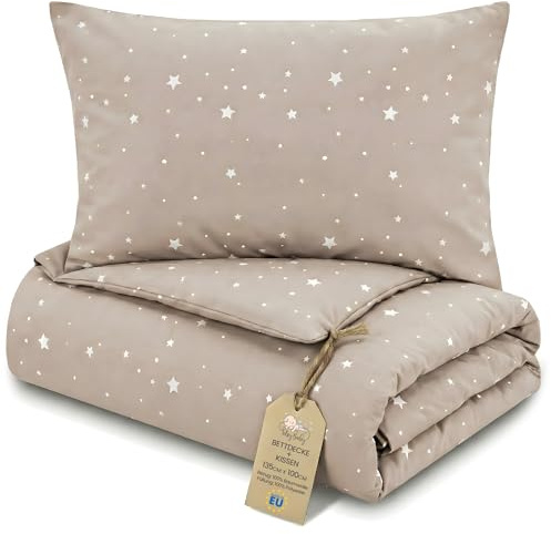 Totsy Baby Trapunta per bambino cotone 100x135 - piumono culla neonato set Imbottitura per piumone 100 x 135 cm con cuscino 40 x 60 cm per ragazzi e ragazze Oeko-Tex Beige con stelle bianche