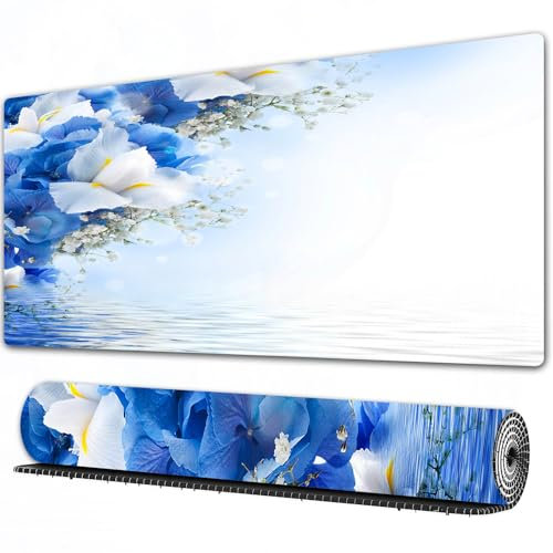 FEHWI Gaming Mouse Pad Extra Large Keyboard Mouse Mat Desk Pad Soft Smooth Surface and Anti-Slip Rubber,Light blue, blue hydrangeas and white irises over the sea Ro,16x35.5 in