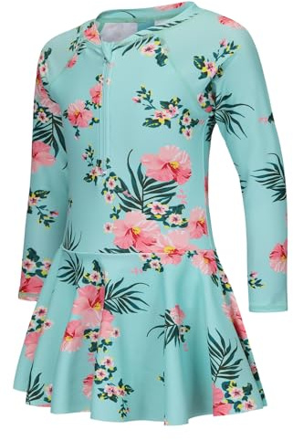 Aisyee Mädchen Badeanzug Kinder Einteiler UV Bademode Mädchen Teenager Langarm Schwimmrock Girls Swim Dress 146 152/11-12 Jahre