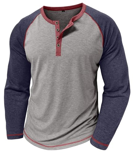 MakingDa Chemises Henley pour Homme à Manches Longues Raglan Sans Col T-Shirt Coupe Ajustée avec Boutons Bloc de Couleur Chemise Grandad Casual Smart Tee Tops, gris, M