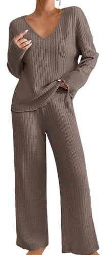 Co Ords Sets for Women UK Two Piece Lounge Sets Tracksuits Knitted Outfit Long Sleeve Solid Color Tops Wide Leg High Waist Trousers Pants Oversized Fluffy Cosy Pyjamas Holiday (Khaki, XXL)