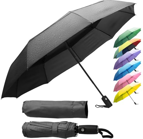 ZENO Parapluie Pliant Compact – Petit Parapluie de Poche Automatique Homme & Femme, Solide Résistant au Vent avec 9 Baleines Fibres de Verre, Teflon Déperlant, Noir – Umbrella